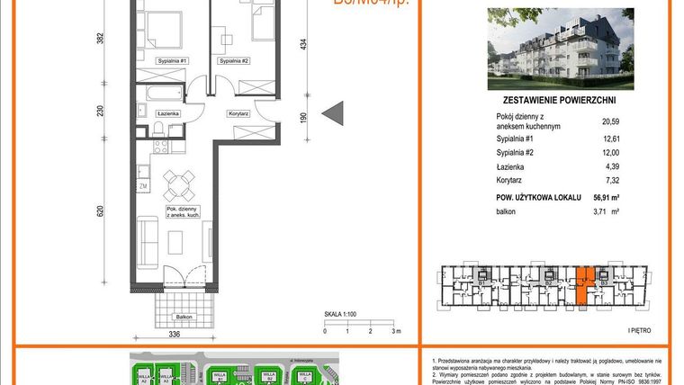 Rzut - Mieszkanie na sprzedaż 3 pokoje o powierzchni 56,91 m² - numer B3/M04/1P w Zielony Brochów 7