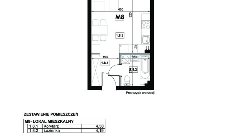 Rzut - Mieszkanie na sprzedaż 1 pokój o powierzchni 29,68 m² - numer M8 w Miejska Premium II