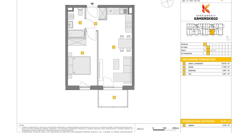 Rzut - Mieszkanie na sprzedaż 2 pokoje o powierzchni 38,09 m² - numer B21 w Apartamenty Kamieńskiego