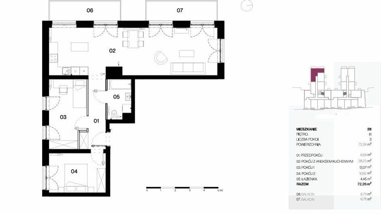 Rzut - Mieszkanie na sprzedaż 3 pokoje o powierzchni 72,26 m² - numer 28 w Wyszyńskiego 56