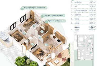 Rzut - Mieszkanie na sprzedaż 3 pokoje o powierzchni 51,62 m² - numer A.1.1 w Enklawa