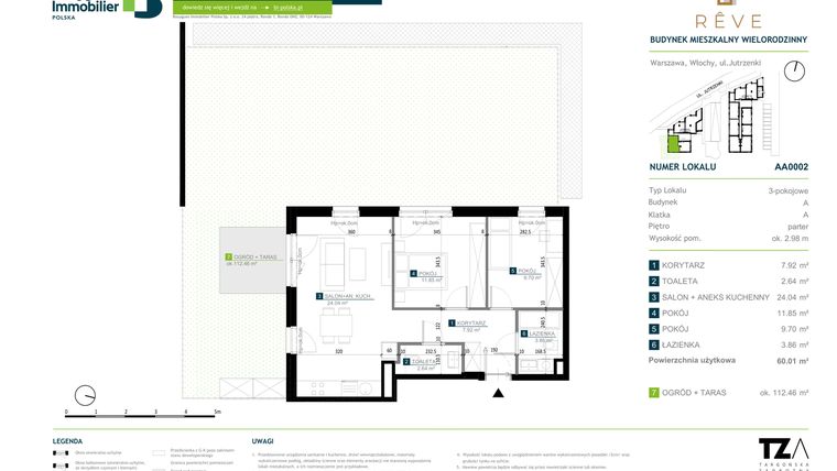 Rzut - Mieszkanie na sprzedaż 3 pokoje o powierzchni 60,01 m² - numer AA0002 w Rêve
