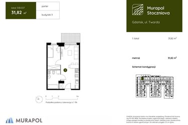 Rzut - Mieszkanie na sprzedaż 1 pokój o powierzchni 31,82 m² - numer 3.B.0.07 w Murapol Stoczniova