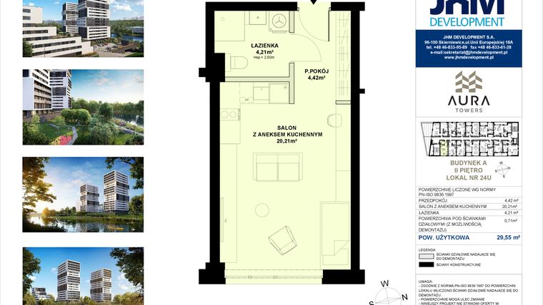 Rzut - Mieszkanie na sprzedaż 1 pokój o powierzchni 29,55 m² - numer A.2.24U w Aura Towers