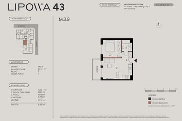 Rzut - Mieszkanie na sprzedaż 2 pokoje o powierzchni 37,51 m² - numer M.3.9 w Lipowa 43