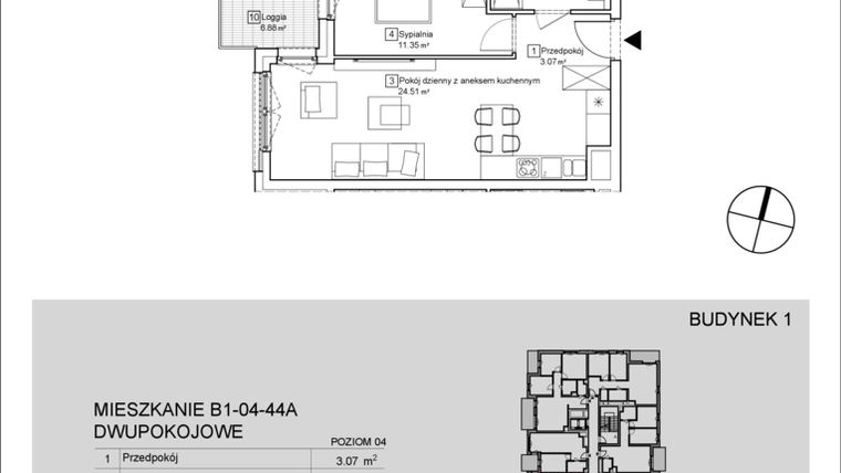 Rzut - Mieszkanie na sprzedaż 2 pokoje o powierzchni 43,27 m² - numer B1-04-44A w Nowa Francuska