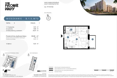 Rzut - Mieszkanie na sprzedaż 1 pokój o powierzchni 32,36 m² - numer B.1.5.M72 w Nowe Promenady etap II
