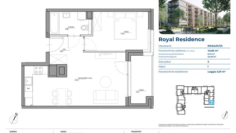 Rzut - Mieszkanie na sprzedaż 2 pokoje o powierzchni 43,66 m² - numer RR/6A/D/1/5 w Royal Residence 6A