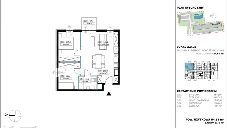 Rzut - Mieszkanie na sprzedaż 3 pokoje o powierzchni 55,27 m² - numer A.3.25 w Jabłonova