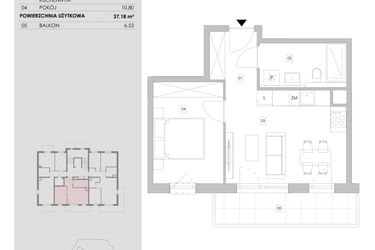Rzut - Mieszkanie na sprzedaż 2 pokoje o powierzchni 37,18 m² - numer 96.1.05 w ATAL Bronowice