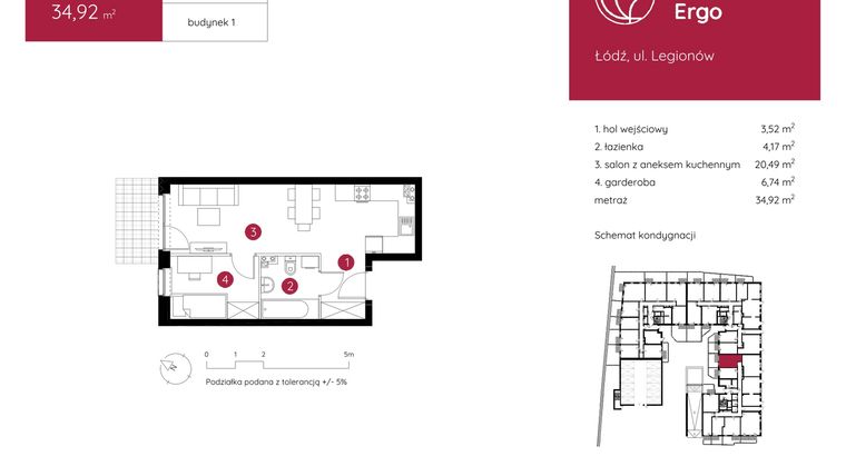 Rzut - Mieszkanie na sprzedaż 1 pokój o powierzchni 34,92 m² - numer 1.A.0.02 w Murapol Ergo