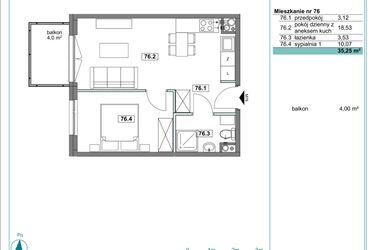Rzut - Mieszkanie na sprzedaż 2 pokoje o powierzchni 35,27 m² - numer D.76 w Osiedle Kościuszki etap II