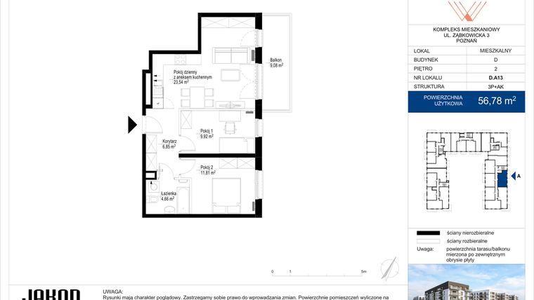 Rzut - Mieszkanie na sprzedaż 3 pokoje o powierzchni 56,78 m² - numer D.A13 w Wieruszowska D