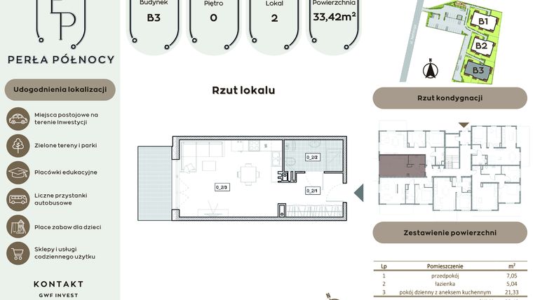 Rzut - Mieszkanie na sprzedaż 1 pokój o powierzchni 33,42 m² - numer B3.0_2 w Perła Północy etap 2