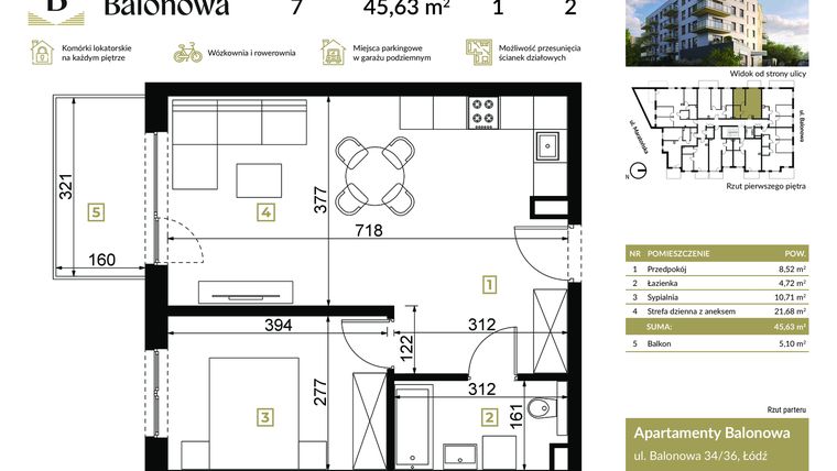 Rzut - Mieszkanie na sprzedaż 2 pokoje o powierzchni 45,63 m² - numer 7 w Apartamenty Balonowa
