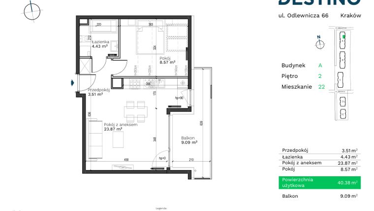 Rzut - Mieszkanie na sprzedaż 2 pokoje o powierzchni 40,38 m² - numer A-22 w Destino