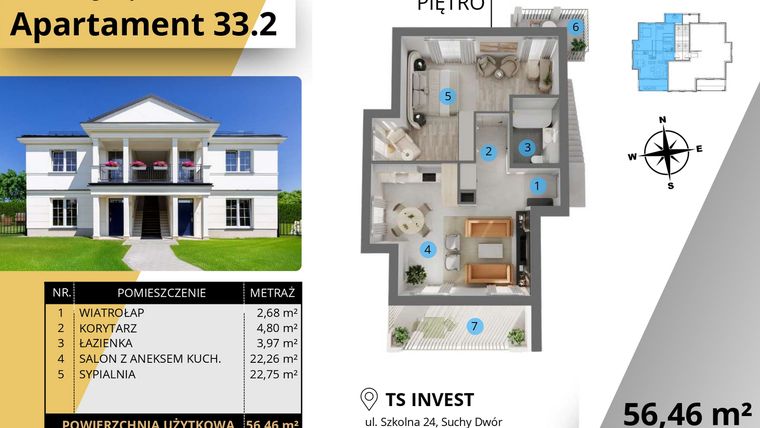 Rzut - Mieszkanie na sprzedaż 2 pokoje o powierzchni 56,35 m² - numer 33.2. w Ogrody Tesoro VI