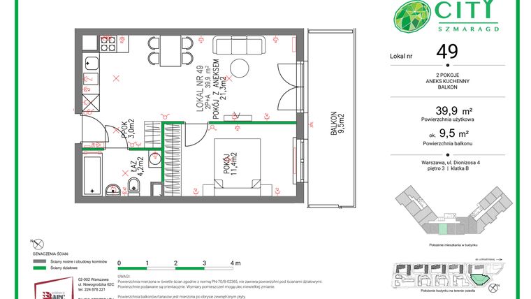 Rzut - Mieszkanie na sprzedaż 2 pokoje o powierzchni 39,9 m² - numer 49 w Comfort City Szmaragd