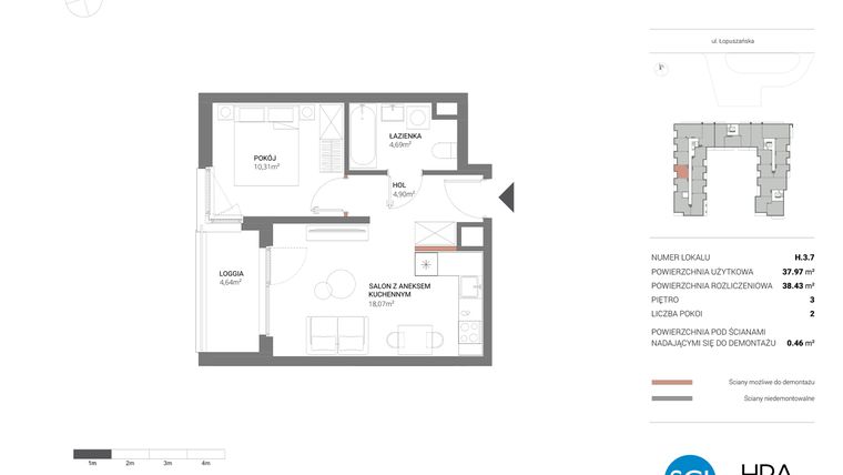 Rzut - Mieszkanie na sprzedaż 2 pokoje o powierzchni 38,43 m² - numer H.3.7 w Łopuszańska 47 - etap 3