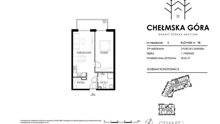 Rzut - Mieszkanie na sprzedaż 2 pokoje o powierzchni 49 m² - numer C-9B-M3 w Chełmska Góra