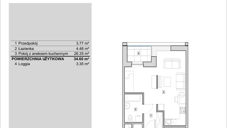 Rzut - Mieszkanie na sprzedaż 1 pokój o powierzchni 34,6 m² - numer H1-A-3-2 w Heyki City