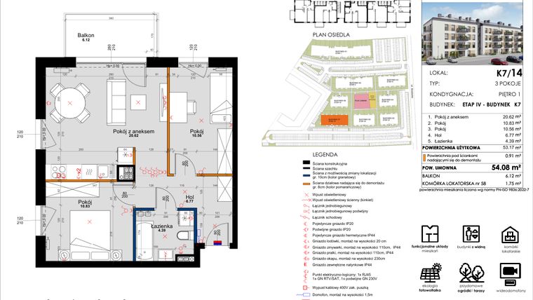 Rzut - Mieszkanie na sprzedaż 3 pokoje o powierzchni 53,05 m² - numer K7/14 w Kleszczewo Park - etap IV