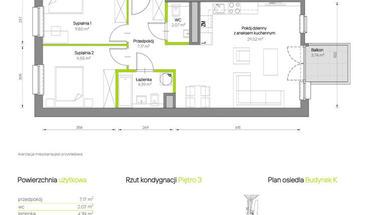 Rzut - Mieszkanie na sprzedaż 3 pokoje o powierzchni 65,23 m² - numer K/012 w Centralna Park