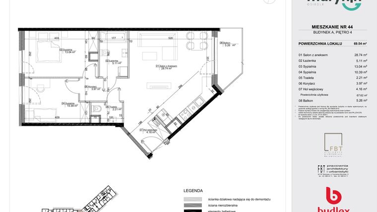 Rzut - Mieszkanie na sprzedaż 3 pokoje o powierzchni 69,54 m² - numer 44 w Osiedle Marynin