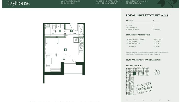 Rzut - Mieszkanie na sprzedaż 1 pokój o powierzchni 23,55 m² - numer A.2.11 w IVY HOUSE - Apartamenty inwestycyjne