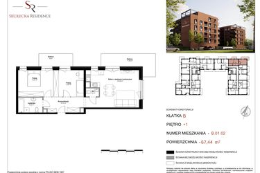 Rzut - Mieszkanie na sprzedaż 3 pokoje o powierzchni 67,44 m² - numer B-01-02 w Siedlecka Residence
