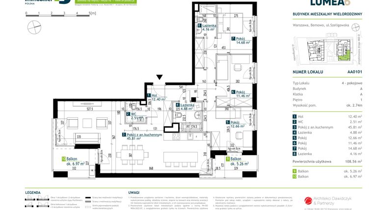 Rzut - Mieszkanie na sprzedaż 4 pokoje o powierzchni 108,56 m² - numer AA0101 w Osiedle Lumea 6