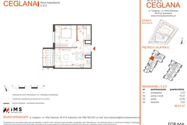 Rzut - Mieszkanie na sprzedaż 2 pokoje o powierzchni 36,31 m² - numer C.6.5 w Rondo Ceglana etap II