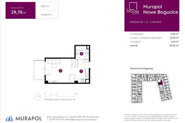 Rzut - Mieszkanie na sprzedaż 1 pokój o powierzchni 29,83 m² - numer 2.B.3.12 w Murapol Nowe Bogucice