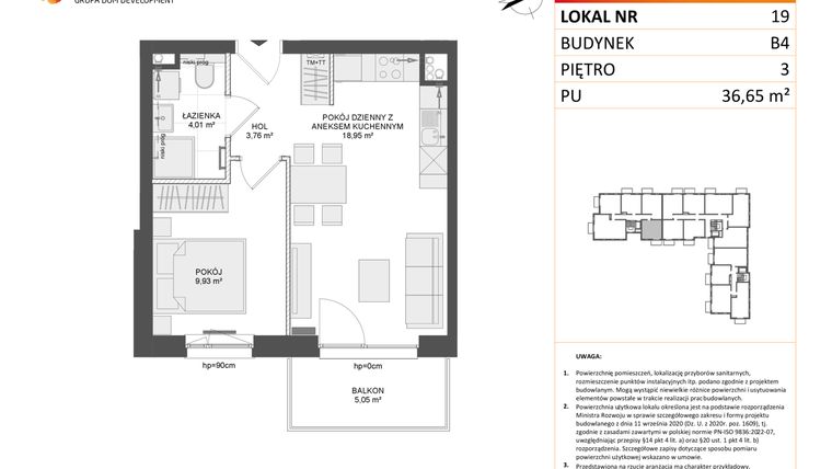 Rzut - Mieszkanie na sprzedaż 2 pokoje o powierzchni 36,65 m² - numer B4.19 w Osiedle Przy Błoniach 3 etap III