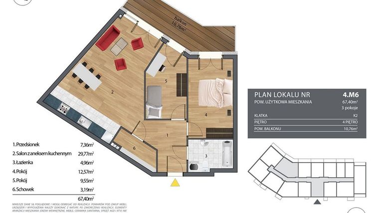 Rzut - Mieszkanie na sprzedaż 4 pokoje o powierzchni 67,4 m² - numer K2.4.M6 w Nyska Residence