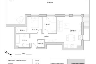 Rzut - Mieszkanie na sprzedaż 3 pokoje o powierzchni 56,97 m² - numer 8.1 w Vela Park