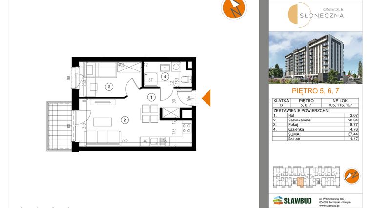 Rzut - Mieszkanie na sprzedaż 2 pokoje o powierzchni 37,44 m² - numer 116 w Osiedle Słoneczna