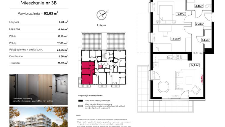 Rzut - Mieszkanie na sprzedaż 3 pokoje o powierzchni 62,63 m² - numer B10.M3B w Novum Rumia