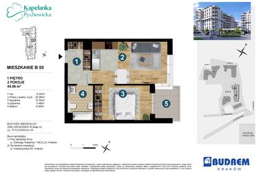 Rzut - Mieszkanie na sprzedaż 2 pokoje o powierzchni 45,06 m² - numer B55 w Kapelanka-Pychowicka Etap III