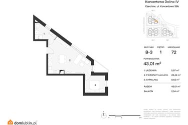 Rzut - Mieszkanie na sprzedaż 2 pokoje o powierzchni 43,01 m² - numer 72 w Koncertowa Dolina