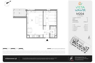 Rzut - Mieszkanie na sprzedaż 2 pokoje o powierzchni 47,44 m² - numer M204 w Vista Wawer