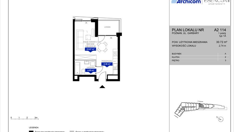 Rzut - Mieszkanie na sprzedaż 1 pokój o powierzchni 30,72 m² - numer A2.114 w Apartamenty Esencja II