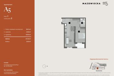 Rzut - Mieszkanie na sprzedaż 2 pokoje o powierzchni 47,32 m² - numer A5 w Mazowiecka 115