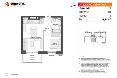 Rzut - Mieszkanie na sprzedaż 2 pokoje o powierzchni 38,34 m² - numer B3.19 w Osiedle Przy Błoniach 3 etap III