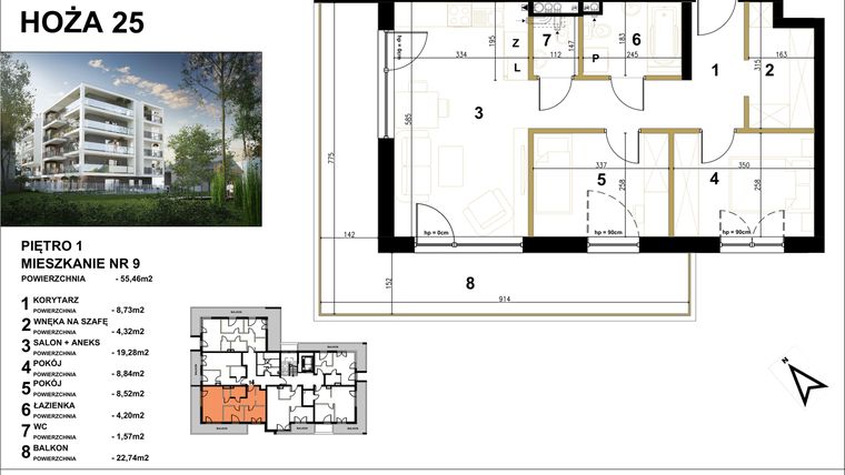 Rzut - Mieszkanie na sprzedaż 3 pokoje o powierzchni 55,46 m² - numer 9 w Hoża 25
