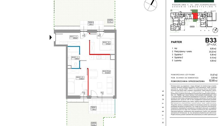 Rzut - Mieszkanie na sprzedaż 3 pokoje o powierzchni 52,6 m² - numer B033 w Grunwald Między Drzewami etap II