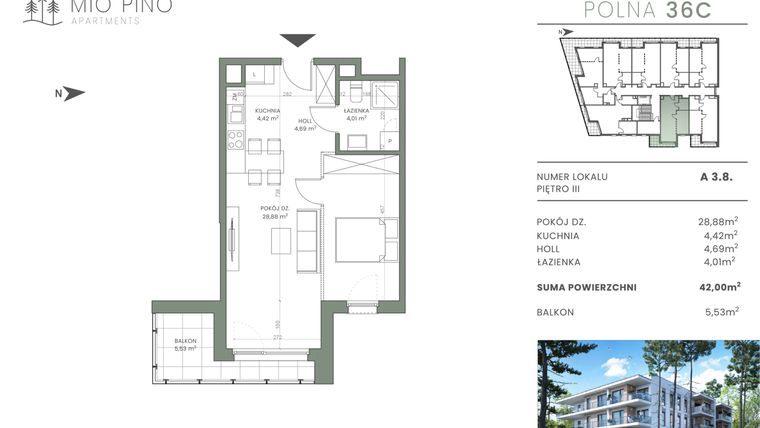 Rzut - Mieszkanie na sprzedaż 2 pokoje o powierzchni 42 m² - numer 3.8 w Mio Pino