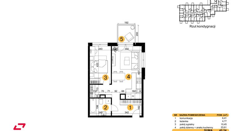 Rzut - Mieszkanie na sprzedaż 2 pokoje o powierzchni 45,24 m² - numer M22 w Punkt Wola