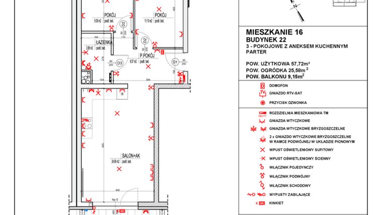 Rzut - Mieszkanie na sprzedaż 3 pokoje o powierzchni 57,72 m² - numer 22_16 w Osiedle 4 Pory Roku - Etap VIII