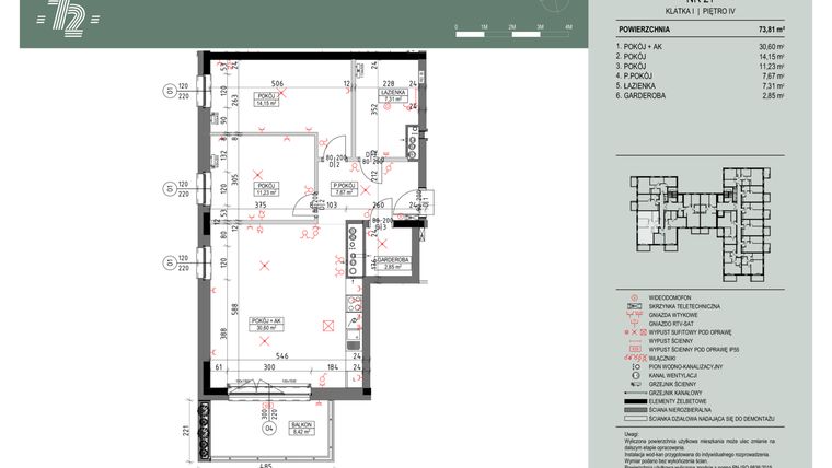 Rzut - Mieszkanie na sprzedaż 3 pokoje o powierzchni 73,81 m² - numer 21 w Wspólnota Mieszkaniowa Gajowa 72